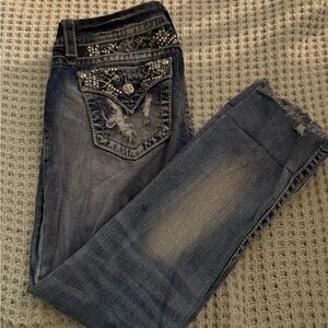 Miss Me Blue Ankle Cropped Jeans with Embellished Design